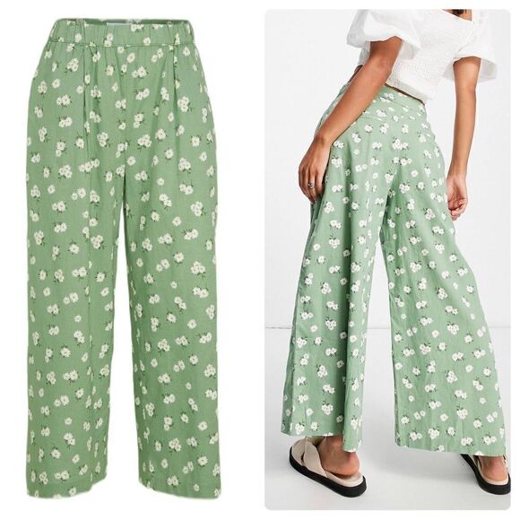 Mango Linen Blend Floral Pants Green New - Picture 1 of 6